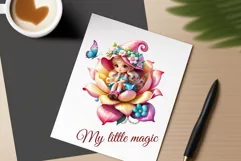 Discover adorable clipart of a cute garden gnome girl sitting in flowers, ideal for enhancing children's books, greeting cards, posters, and websites with charm and magic. High-quality image with vibrant colors for memorable designs.