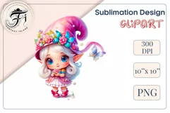 Discover adorable clipart of a cute garden gnome girl sitting in flowers, ideal for enhancing children's books, greeting cards, posters, and websites with charm and magic. High-quality image with vibrant colors for memorable designs.