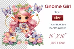 Discover adorable clipart of a cute garden gnome girl sitting in flowers, ideal for enhancing children's books, greeting cards, posters, and websites with charm and magic. High-quality image with vibrant colors for memorable designs.