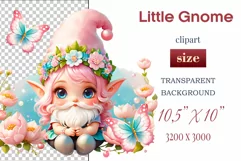 Discover adorable clipart of a cute garden gnome girl sitting in flowers, ideal for enhancing children's books, greeting cards, posters, and websites with charm and magic. High-quality image with vibrant colors for memorable designs.