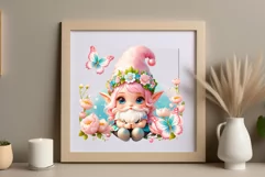 Discover adorable clipart of a cute garden gnome girl sitting in flowers, ideal for enhancing children's books, greeting cards, posters, and websites with charm and magic. High-quality image with vibrant colors for memorable designs.