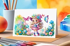 Discover adorable clipart of a cute garden gnome girl sitting in flowers, ideal for enhancing children's books, greeting cards, posters, and websites with charm and magic. High-quality image with vibrant colors for memorable designs.