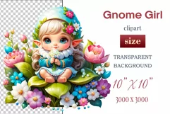 Discover adorable clipart of a cute garden gnome girl sitting in flowers, ideal for enhancing children's books, greeting cards, posters, and websites with charm and magic. High-quality image with vibrant colors for memorable designs.