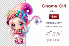 Discover adorable clipart of a cute garden gnome girl sitting in flowers, ideal for enhancing children's books, greeting cards, posters, and websites with charm and magic. High-quality image with vibrant colors for memorable designs.