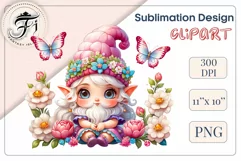 Discover adorable clipart of a cute garden gnome girl sitting in flowers, ideal for enhancing children's books, greeting cards, posters, and websites with charm and magic. High-quality image with vibrant colors for memorable designs.
