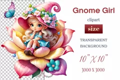 Discover adorable clipart of a cute garden gnome girl sitting in flowers, ideal for enhancing children's books, greeting cards, posters, and websites with charm and magic. High-quality image with vibrant colors for memorable designs.