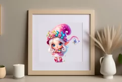 Discover adorable clipart of a cute garden gnome girl sitting in flowers, ideal for enhancing children's books, greeting cards, posters, and websites with charm and magic. High-quality image with vibrant colors for memorable designs.