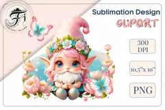 Discover adorable clipart of a cute garden gnome girl sitting in flowers, ideal for enhancing children's books, greeting cards, posters, and websites with charm and magic. High-quality image with vibrant colors for memorable designs.