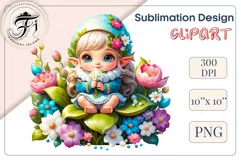 Discover adorable clipart of a cute garden gnome girl sitting in flowers, ideal for enhancing children's books, greeting cards, posters, and websites with charm and magic. High-quality image with vibrant colors for memorable designs.