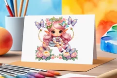 Discover adorable clipart of a cute garden gnome girl sitting in flowers, ideal for enhancing children's books, greeting cards, posters, and websites with charm and magic. High-quality image with vibrant colors for memorable designs.