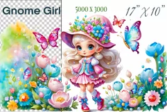 Discover adorable clipart of a cute garden gnome girl sitting in flowers, ideal for enhancing children's books, greeting cards, posters, and websites with charm and magic. High-quality image with vibrant colors for memorable designs.