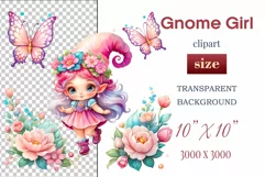 Discover adorable clipart of a cute garden gnome girl sitting in flowers, ideal for enhancing children's books, greeting cards, posters, and websites with charm and magic. High-quality image with vibrant colors for memorable designs.