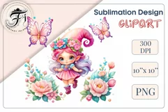 Discover adorable clipart of a cute garden gnome girl sitting in flowers, ideal for enhancing children's books, greeting cards, posters, and websites with charm and magic. High-quality image with vibrant colors for memorable designs.