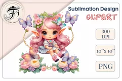 Discover adorable clipart of a cute garden gnome girl sitting in flowers, ideal for enhancing children's books, greeting cards, posters, and websites with charm and magic. High-quality image with vibrant colors for memorable designs.Discover adorable clip