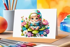Discover adorable clipart of a cute garden gnome girl sitting in flowers, ideal for enhancing children's books, greeting cards, posters, and websites with charm and magic. High-quality image with vibrant colors for memorable designs.