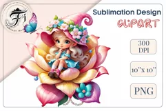 Discover adorable clipart of a cute garden gnome girl sitting in flowers, ideal for enhancing children's books, greeting cards, posters, and websites with charm and magic. High-quality image with vibrant colors for memorable designs.