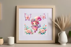 Discover adorable clipart of a cute garden gnome girl sitting in flowers, ideal for enhancing children's books, greeting cards, posters, and websites with charm and magic. High-quality image with vibrant colors for memorable designs.