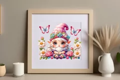 Discover adorable clipart of a cute garden gnome girl sitting in flowers, ideal for enhancing children's books, greeting cards, posters, and websites with charm and magic. High-quality image with vibrant colors for memorable designs.