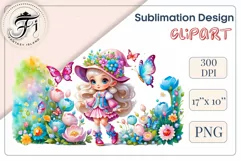 Discover adorable clipart of a cute garden gnome girl sitting in flowers, ideal for enhancing children's books, greeting cards, posters, and websites with charm and magic. High-quality image with vibrant colors for memorable designs.