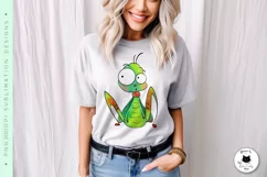 woman wearing a shirt with funny grasshopper print