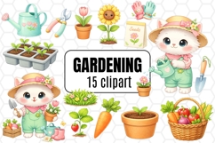 Cute Gardening Cat Clipart Set - Gardening Clipart Bundle