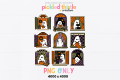 Whimsical Halloween design featuring ghosts reading, knitting, baking, decorating, gardening and sleeping. The single PNG uses muted orange, plum, sage, cream and black with clean cartoon linework.