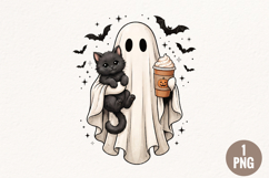 Cute Ghost and Black Cat Halloween Clipart PNG Product Image 1