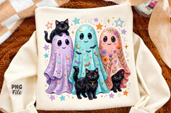 Cute Ghost Cats Png, Pastel Halloween Cat Design, Floral Product Image 1
