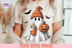 Cute Ghost with Iced Coffee PNG, Retro Halloween Sublimation Product Image 2