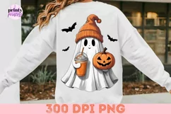 Cute Ghost with Iced Coffee PNG, Retro Halloween Sublimation Product Image 4