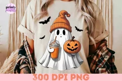Cute Ghost with Iced Coffee PNG, Retro Halloween Sublimation Product Image 1
