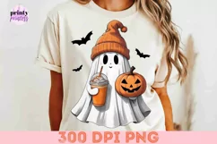 Cute Ghost with Iced Coffee PNG, Retro Halloween Sublimation Product Image 6