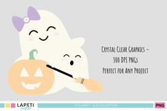 Mom ghost and baby ghost with pumpkin, broom and soft smiles