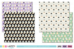 Halloween ghost seamless patterns in kawaii pastel colors, including cute ghosts with pumpkins and floating black dots, ideal for scrapbooking and crafts.