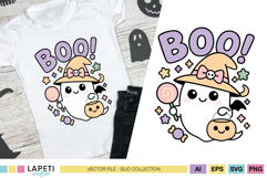 Kawaii ghost Halloween clipart with witch hat, candy bucket and lollipop, surrounded by pastel stars, with large “BOO!” text.