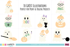 Set of 10 kawaii ghost illustrations for Halloween in soft pastel tones, perfect for print and digital projects.