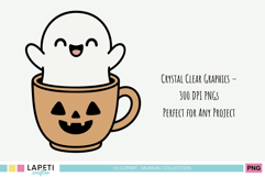 Happy ghost in a pumpkin mug, cute Halloween illustration for kids projects and printable art.
