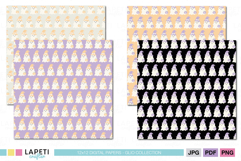Kawaii pastel ghost seamless patterns for Halloween crafts, showing smiling ghosts with witch hats in orange, lilac, beige, and black color variations.