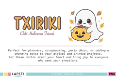Kawaii ghost hugging a pumpkin with autumn leaves, ideal for Halloween decorations.