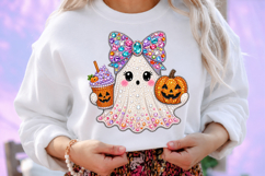Cute Ghost Pumpkin Rhinestone PNG Design Product Image 2