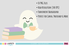 Cute ghost reading a Halloween book, wearing a witch hat, pastel tones