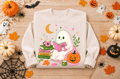 ghost reading books, ghost clipart, halloween png, pumpkin clipart, book lover png, cute ghost, sublimation png, printable png, spooky cute, fall clipart