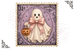 Cute Ghost With Pumpkin Bucket Halloween Stamp PNG Product Image 1