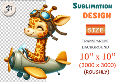 Cute cartoon giraffe pilot flying a vintage yellow and gray airplane, watercolor sublimation clipart for kids, nursery decor, stickers, t-shirts, and greeting cards.