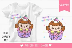 Cute girl Clipart happy birthday cupcake kawaii cartoon Product Image 1