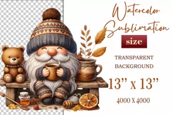 Explore our charming clipart featuring a cozy gnome and a playful bear cub on a transparent background. Perfect for autumn-themed designs, this whimsical illustration captures the essence of fall, ideal for invitations, scrapbooking and social media graph