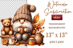 Explore our charming clipart featuring a cozy gnome and a playful bear cub on a transparent background. Perfect for autumn-themed designs, this whimsical illustration captures the essence of fall, ideal for invitations, scrapbooking and social media graph