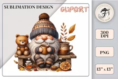 Explore our charming clipart featuring a cozy gnome and a playful bear cub on a transparent background. Perfect for autumn-themed designs, this whimsical illustration captures the essence of fall, ideal for invitations, scrapbooking and social media graph