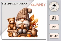 Explore our charming clipart featuring a cozy gnome and a playful bear cub on a transparent background. Perfect for autumn-themed designs, this whimsical illustration captures the essence of fall, ideal for invitations, scrapbooking and social media graph
