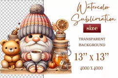 Explore our charming clipart featuring a cozy gnome and a playful bear cub on a transparent background. Perfect for autumn-themed designs, this whimsical illustration captures the essence of fall, ideal for invitations, scrapbooking and social media graph